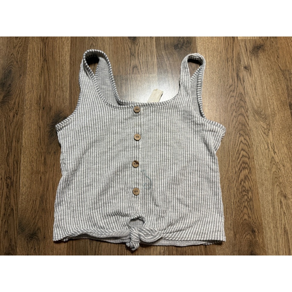 Caution To The Wind Shirts Women Size Medium Gray Striped Button Front Tie Hem